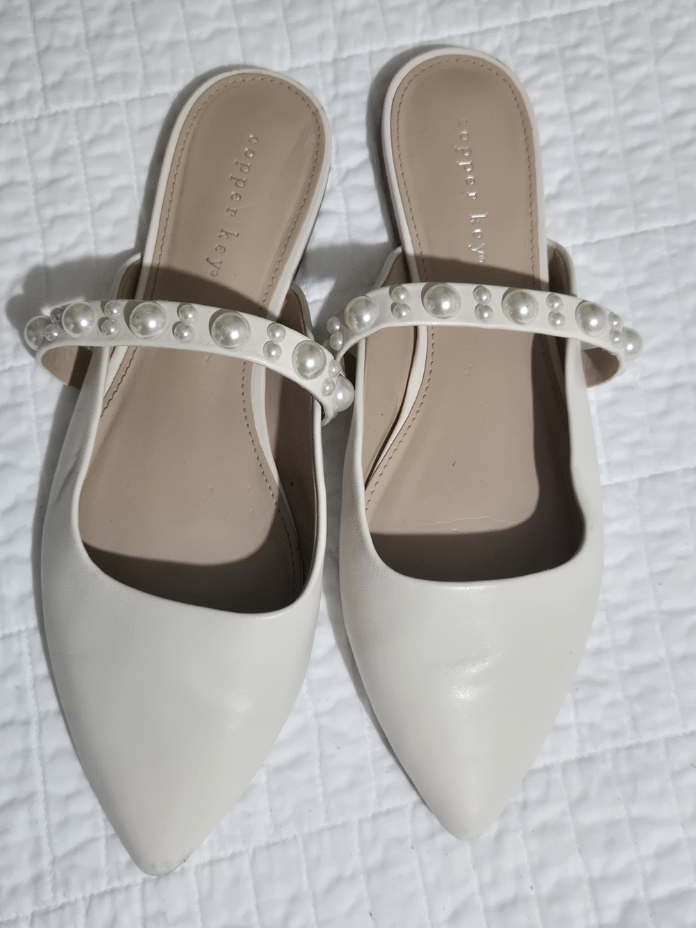 Pearl-Embellished White Pointed Toe Slip-On Flats - Pepper Keys